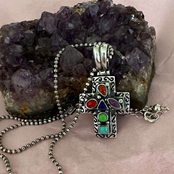 Jewelry - Vintage Sterling Silver 925  THAI Multicolor Cross Pendant Necklace
